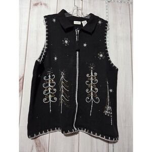 White Stag Sweater Vest Womens 18W‎ 20W Black Sequin Tree Zip Holiday Plus
